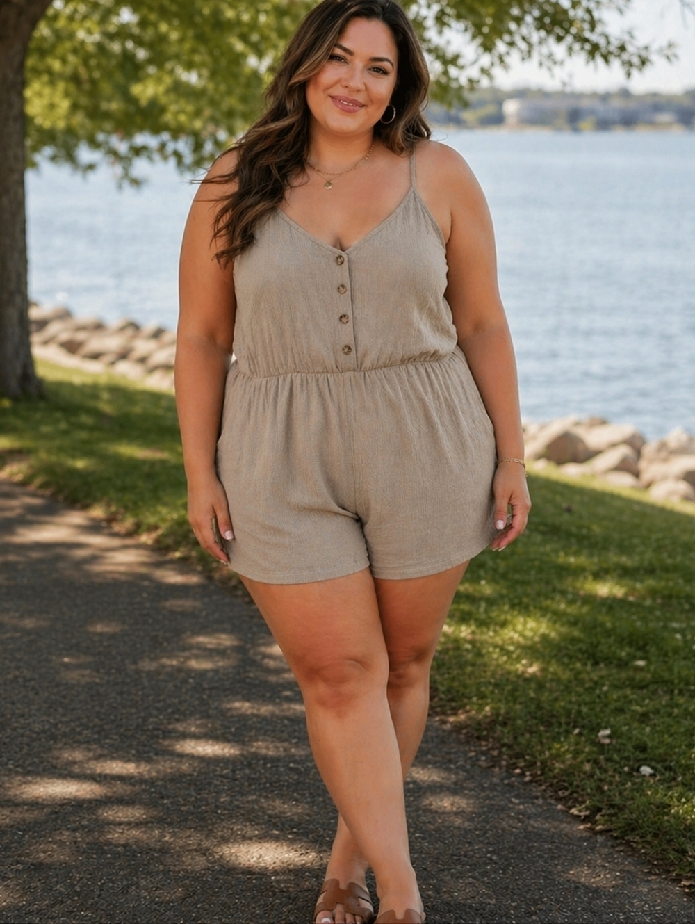 Womens Plus Size Tan Romper  Adjustable Straps Sleeveless Size XXL/2X